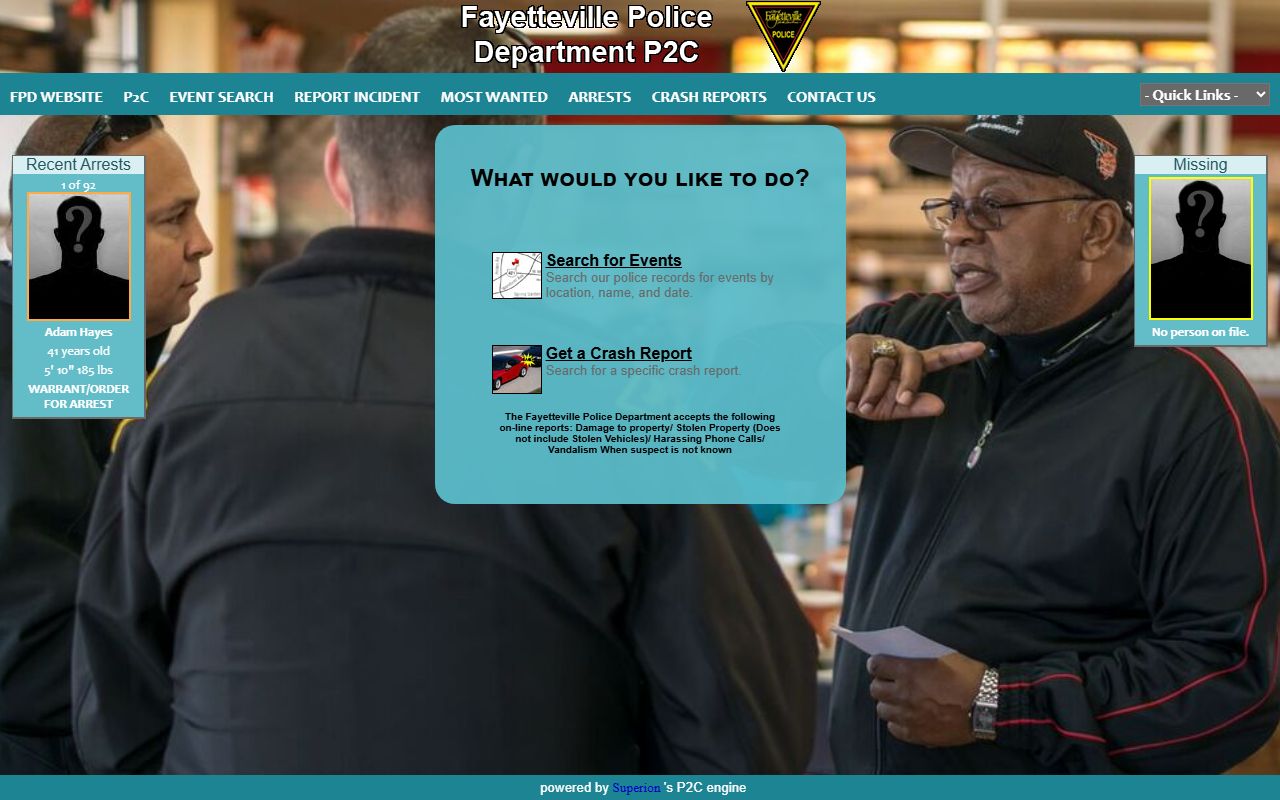 Fayetteville Police Department P2C portal for warrant records and arrest data