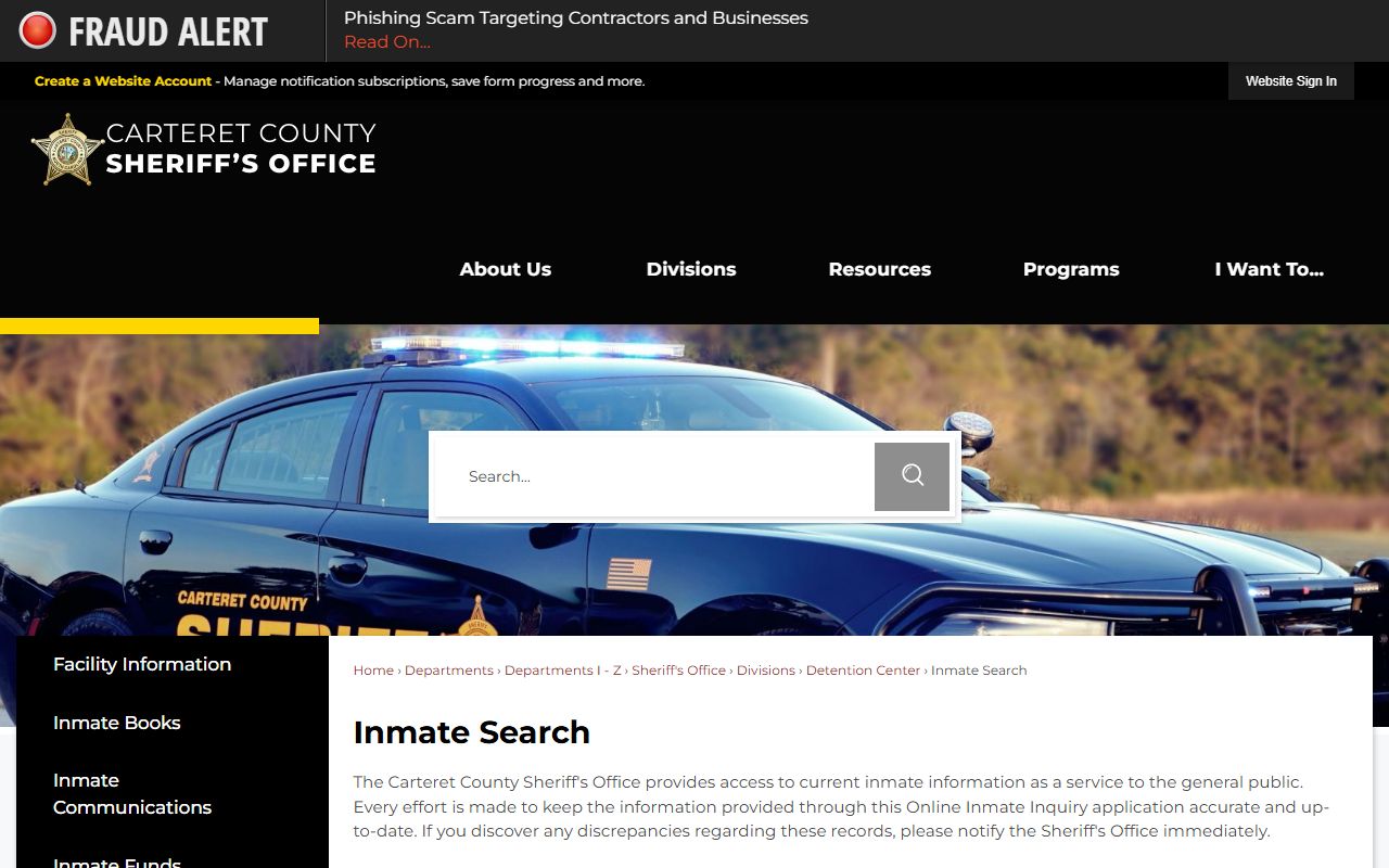 Carteret County inmate search portal for warrant records