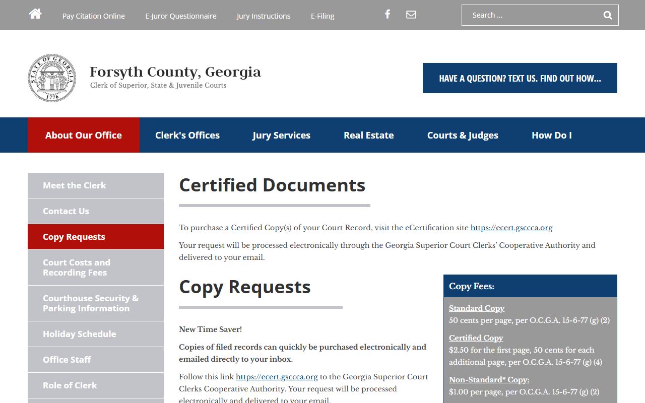 Forsyth County Clerk copy request page for warrant records