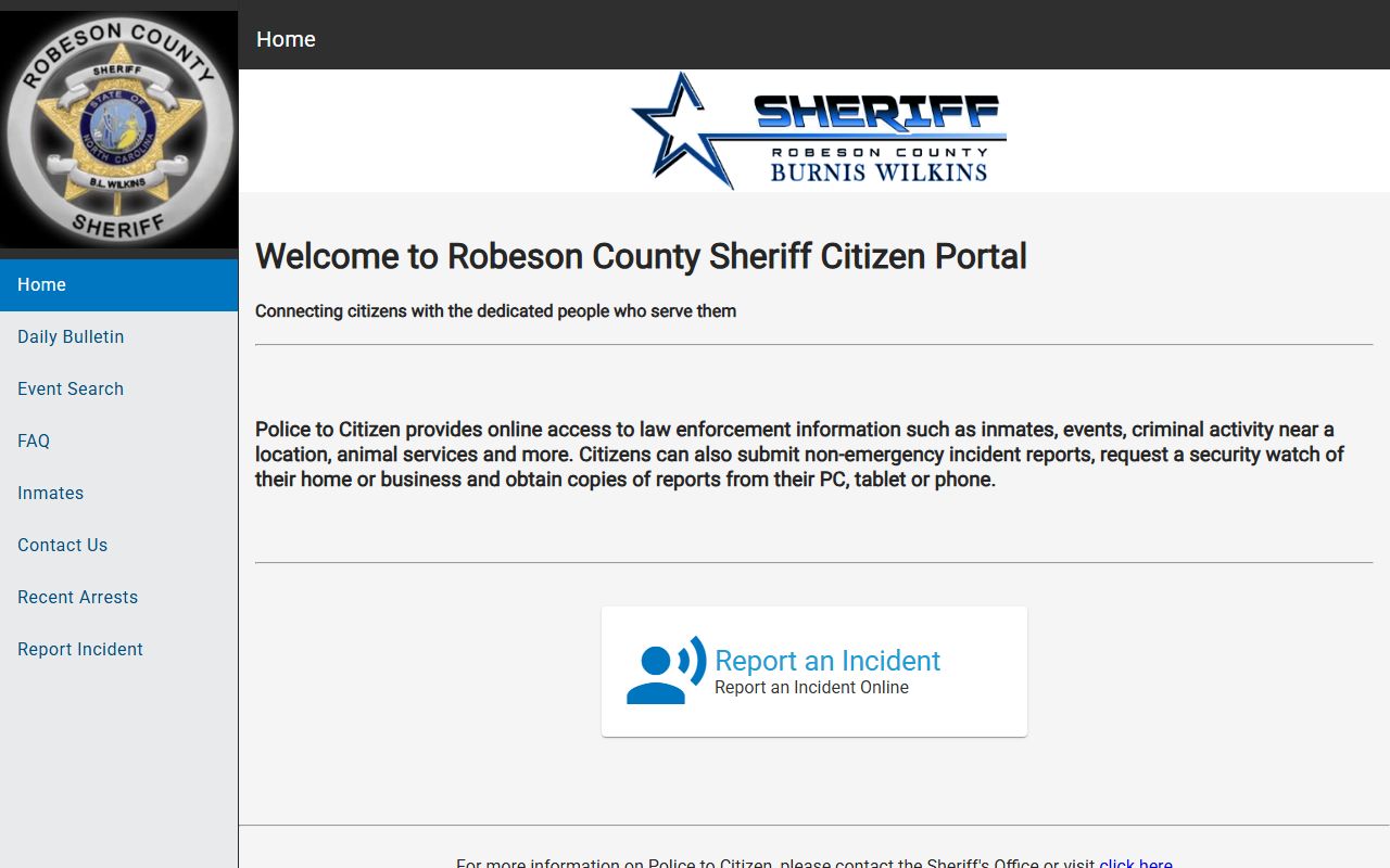 Robeson County Sheriff Police2Citizen portal for warrant and arrest records